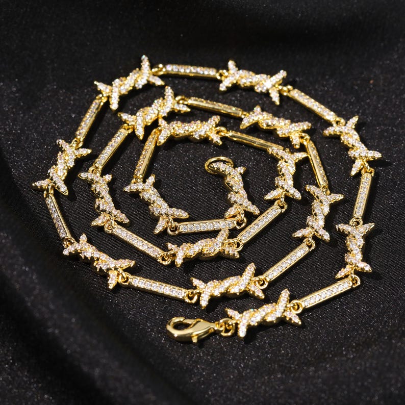 Iced Out Iron Wire Tennis Chain Necklace, Gold Silver Diamond Men's Jewelry image 3