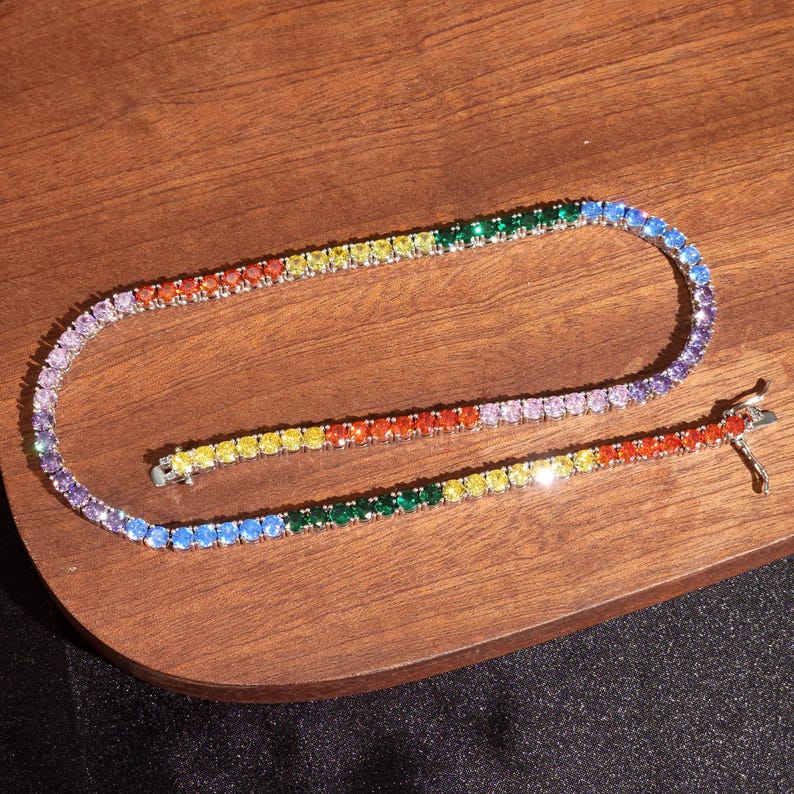 Iced Out 4MM Colorful Diamond Tennis Chain,Hip Hop Jewelry,Necklace For Men,Infinity Diamond Choker,Silver Color Chain,Necklace Unisex Gifts