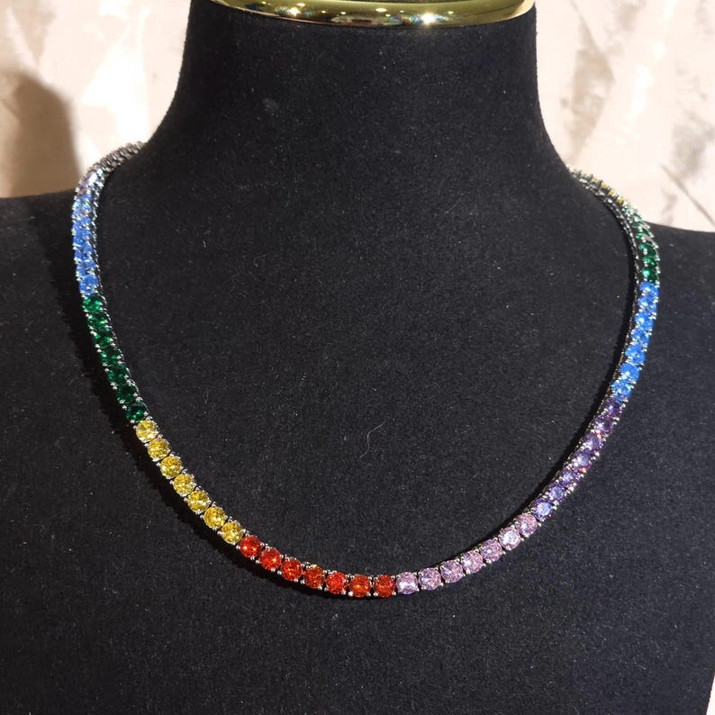 Iced Out 4MM Colorful Diamond Tennis Chain,Hip Hop Jewelry,Necklace For Men,Infinity Diamond Choker,Silver Color Chain,Necklace Unisex Gifts