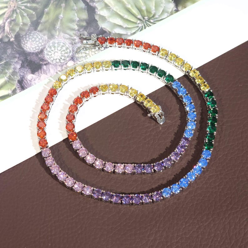 Iced Out 4MM Colorful Diamond Tennis Chain,Hip Hop Jewelry,Necklace For Men,Infinity Diamond Choker,Silver Color Chain,Necklace Unisex Gifts