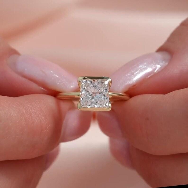 Half Bezel Set 2CT Princess Cut Moissanite Engagement Ring, Solitaire 14k Gold Square Cut Anniversary Ring, Modern Proposal Ring For Her image 6