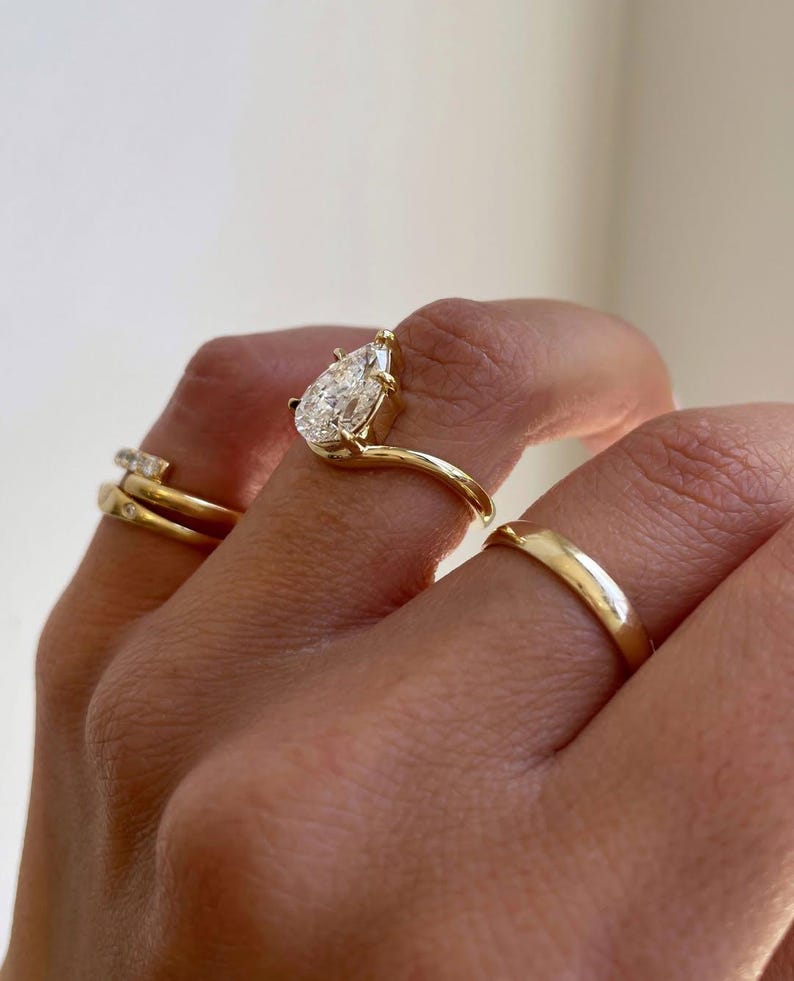 East West Pear Engagement Ring, Colourless Pear Moissanite Diamond, Bezel Set Horizontal Bypass 14K Gold image 2