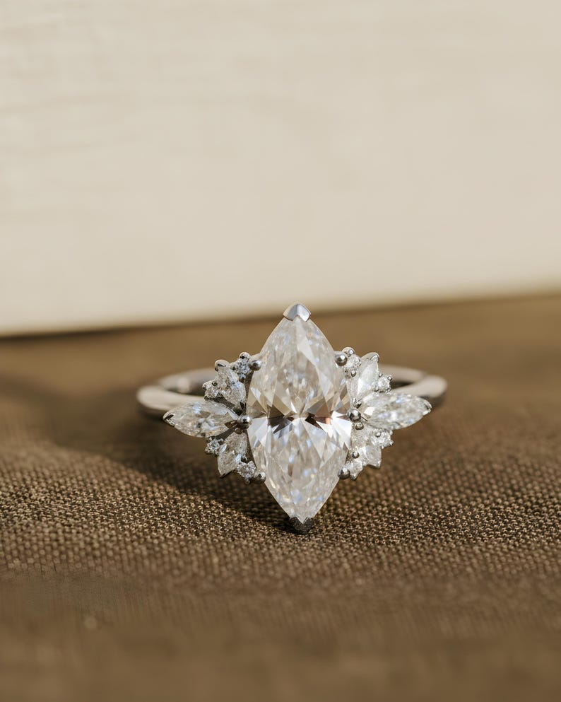 1 Ct Marquise Cut Moissanite ring , 14k Gold Cluster Engagement ring, Vintage Inspired