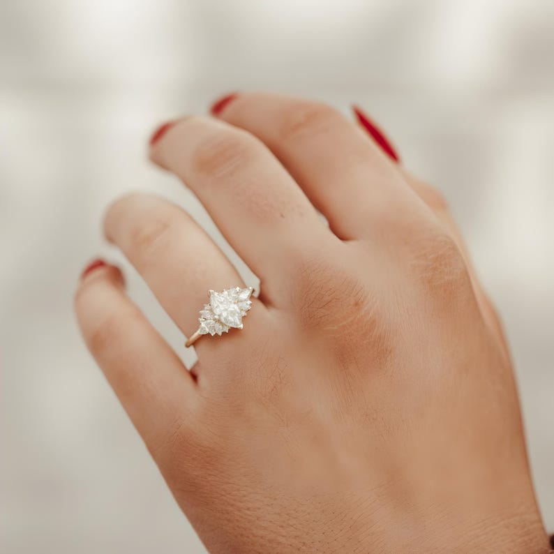1 Ct Marquise Cut Moissanite ring , 14k Gold Cluster Engagement ring, Vintage Inspired