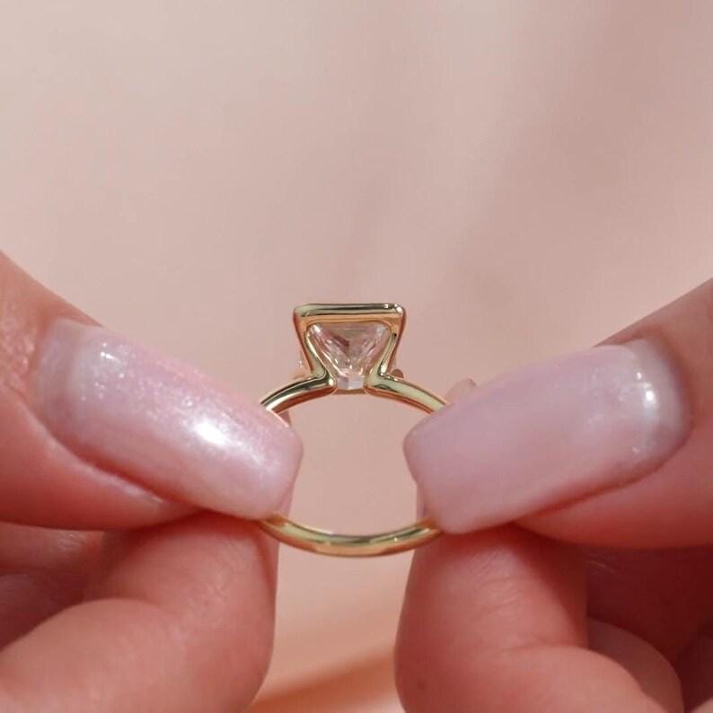 Half Bezel Set 2CT Princess Cut Moissanite Engagement Ring, Solitaire 14k Gold Square Cut Anniversary Ring, Modern Proposal Ring For Her image 4