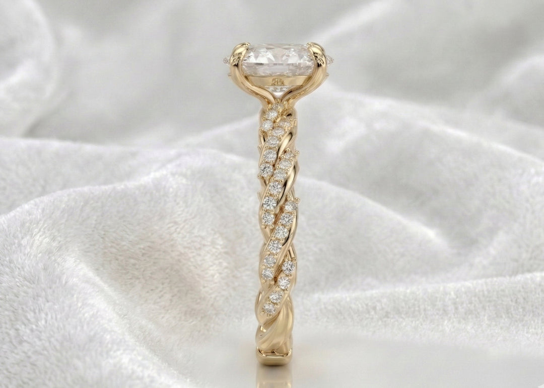 Oval Engagement Ring 3 Carat Moissanite Diamond Gold Twisted Pave Band
