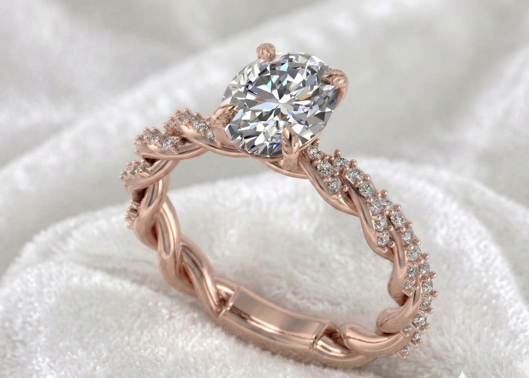 Oval Engagement Ring 3 Carat Moissanite Diamond Gold Twisted Pave Band