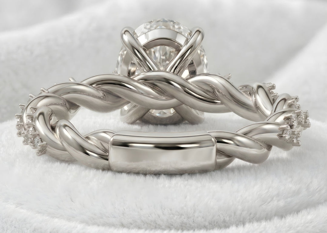 Oval Engagement Ring 3 Carat Moissanite Diamond Gold Twisted Pave Band