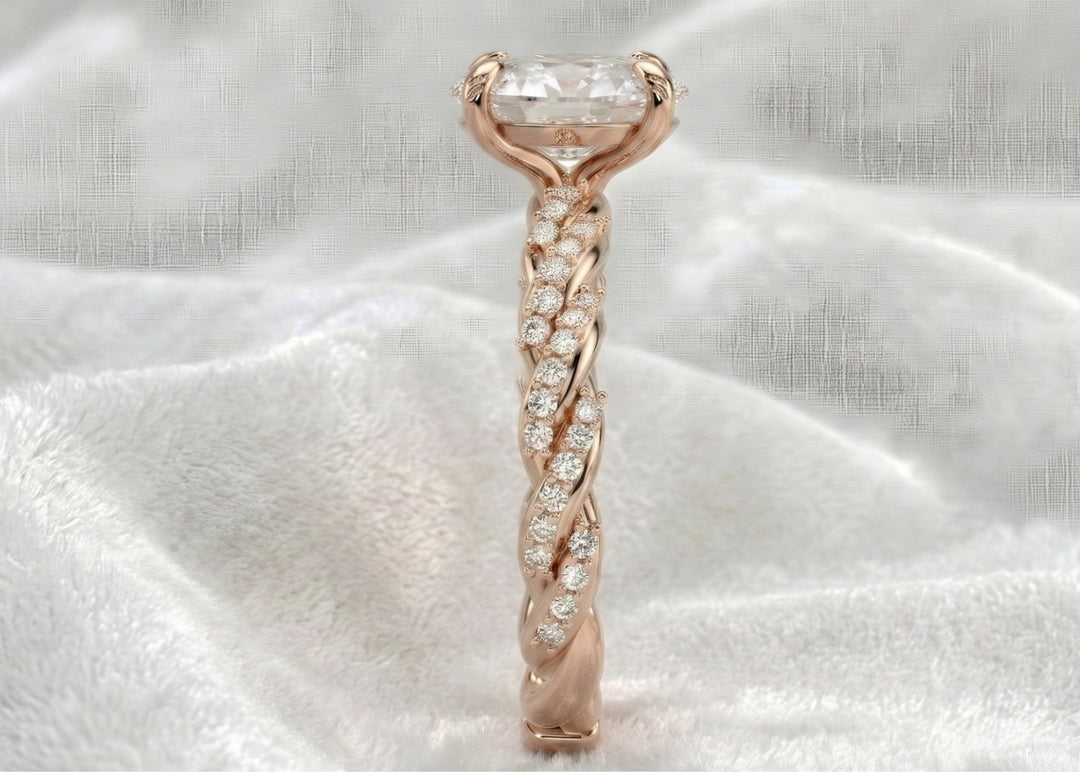 Oval Engagement Ring 3 Carat Moissanite Diamond Gold Twisted Pave Band