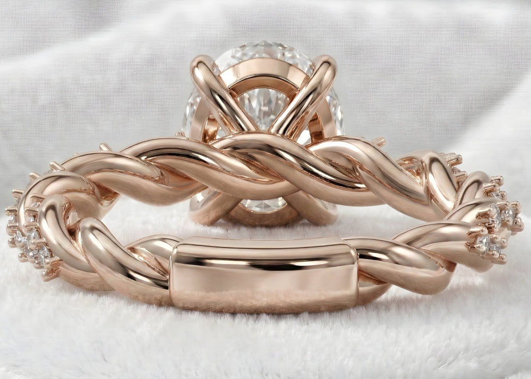 Oval Engagement Ring 3 Carat Moissanite Diamond Gold Twisted Pave Band