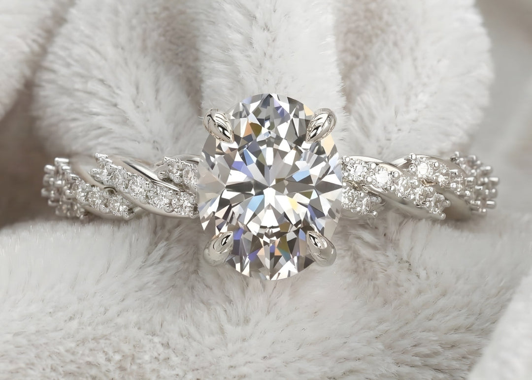 Oval Engagement Ring 3 Carat Moissanite Diamond Gold Twisted Pave Band