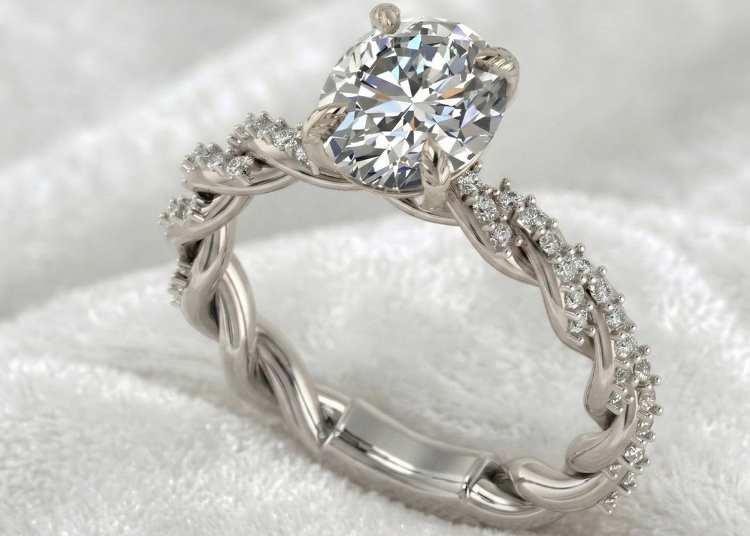 Oval Engagement Ring 3 Carat Moissanite Diamond Gold Twisted Pave Band