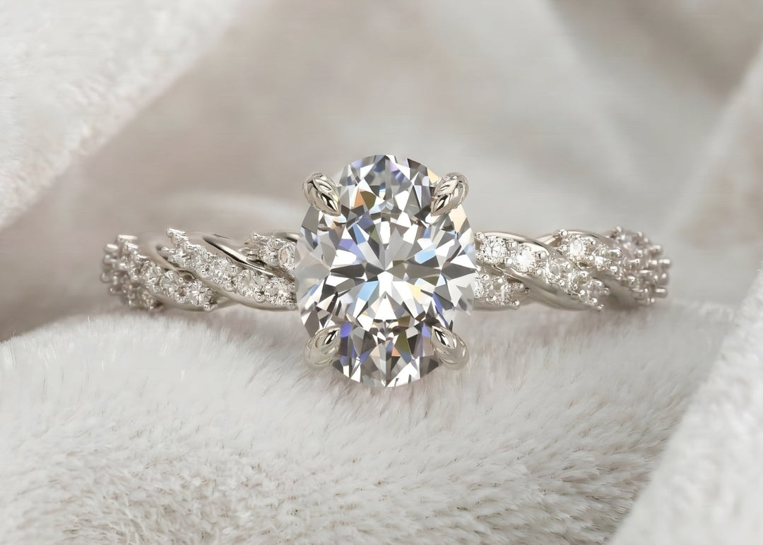 Oval Engagement Ring 3 Carat Moissanite Diamond Gold Twisted Pave Band