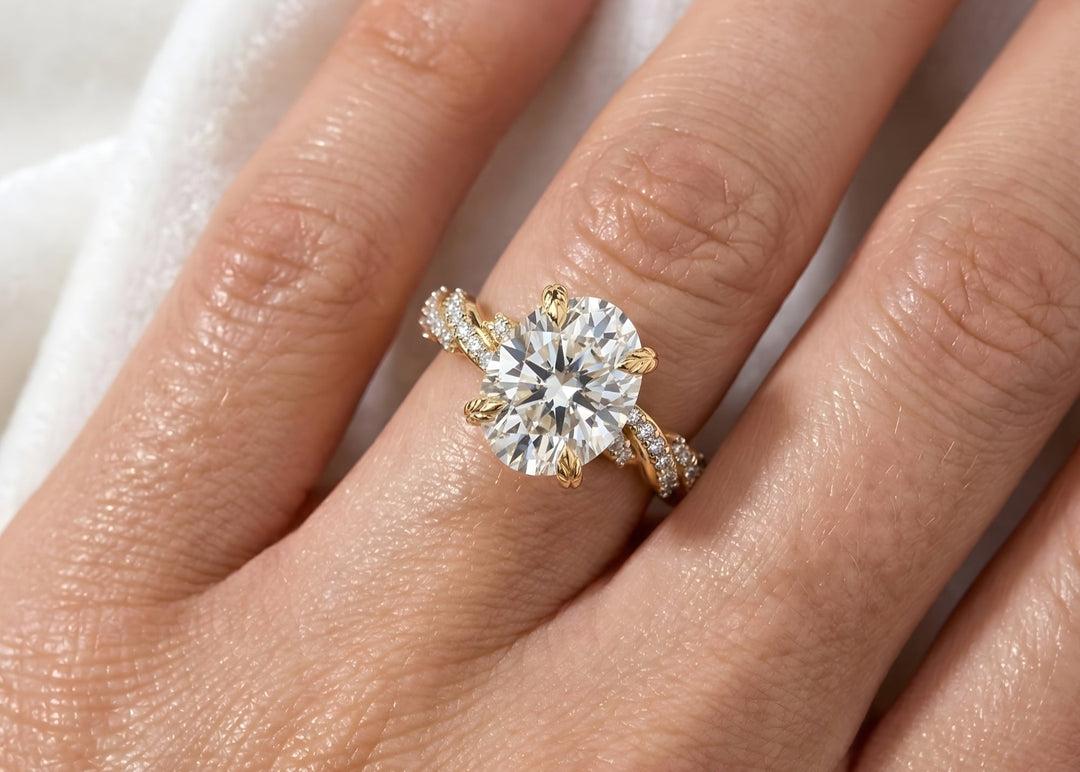 Oval Engagement Ring 3 Carat Moissanite Diamond Gold Twisted Pave Band