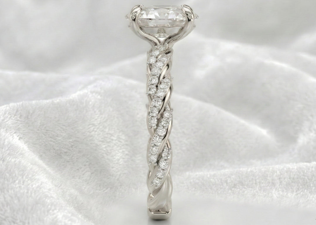 Oval Engagement Ring 3 Carat Moissanite Diamond Gold Twisted Pave Band