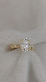Load and play video in Gallery viewer, Oval Engagement Ring 3 Carat Moissanite Diamond Gold Twisted Pave Band